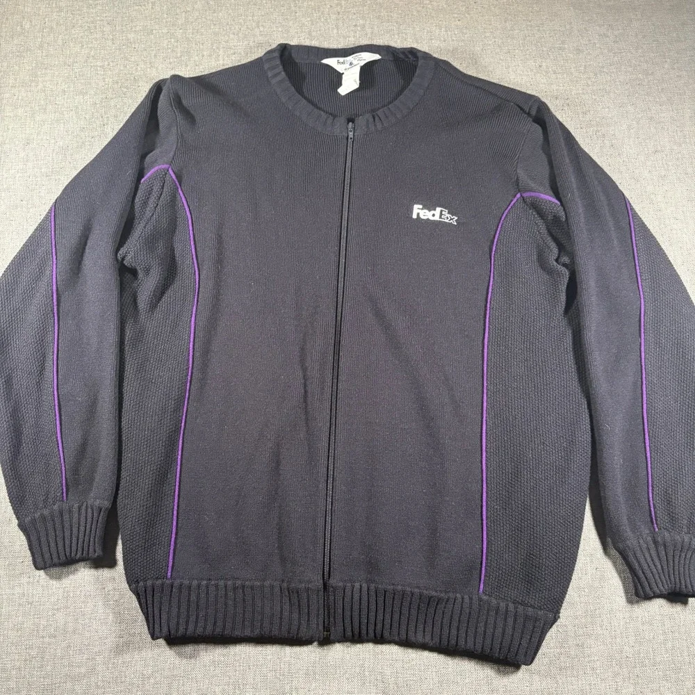 Vintage 90s FedEx Full Zip Cardigan Men Large Black Purple Stan Herman Logo Knit